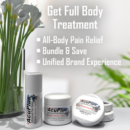 AcuPlus Ultimate Pain Relief Combo – 3 Bath Bombs + 3 oz. Roll-On + 4 oz. Jar