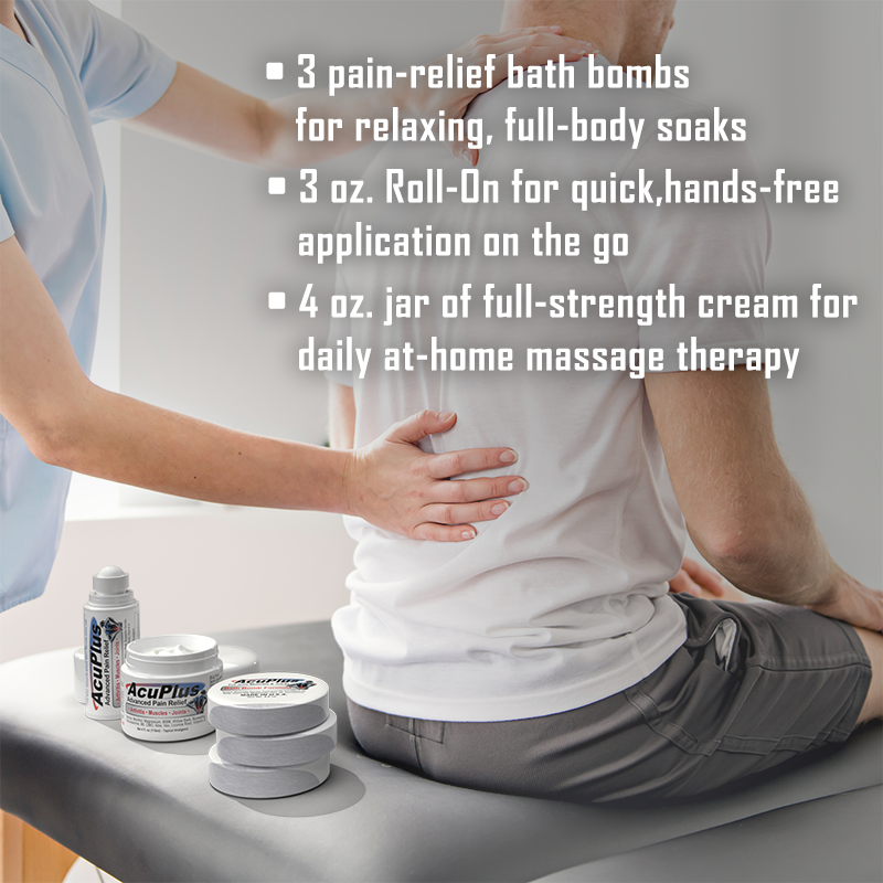 AcuPlus Ultimate Pain Relief Combo – 3 Bath Bombs + 3 oz. Roll-On + 4 oz. Jar