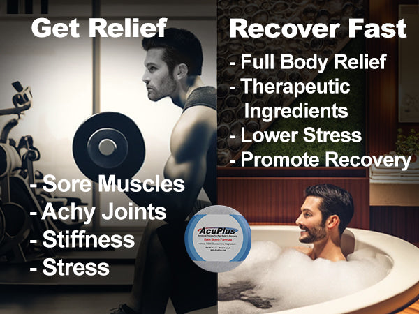 AcuPlus Ultimate Pain Relief Combo – 3 Bath Bombs + 3 oz. Roll-On + 4 oz. Jar