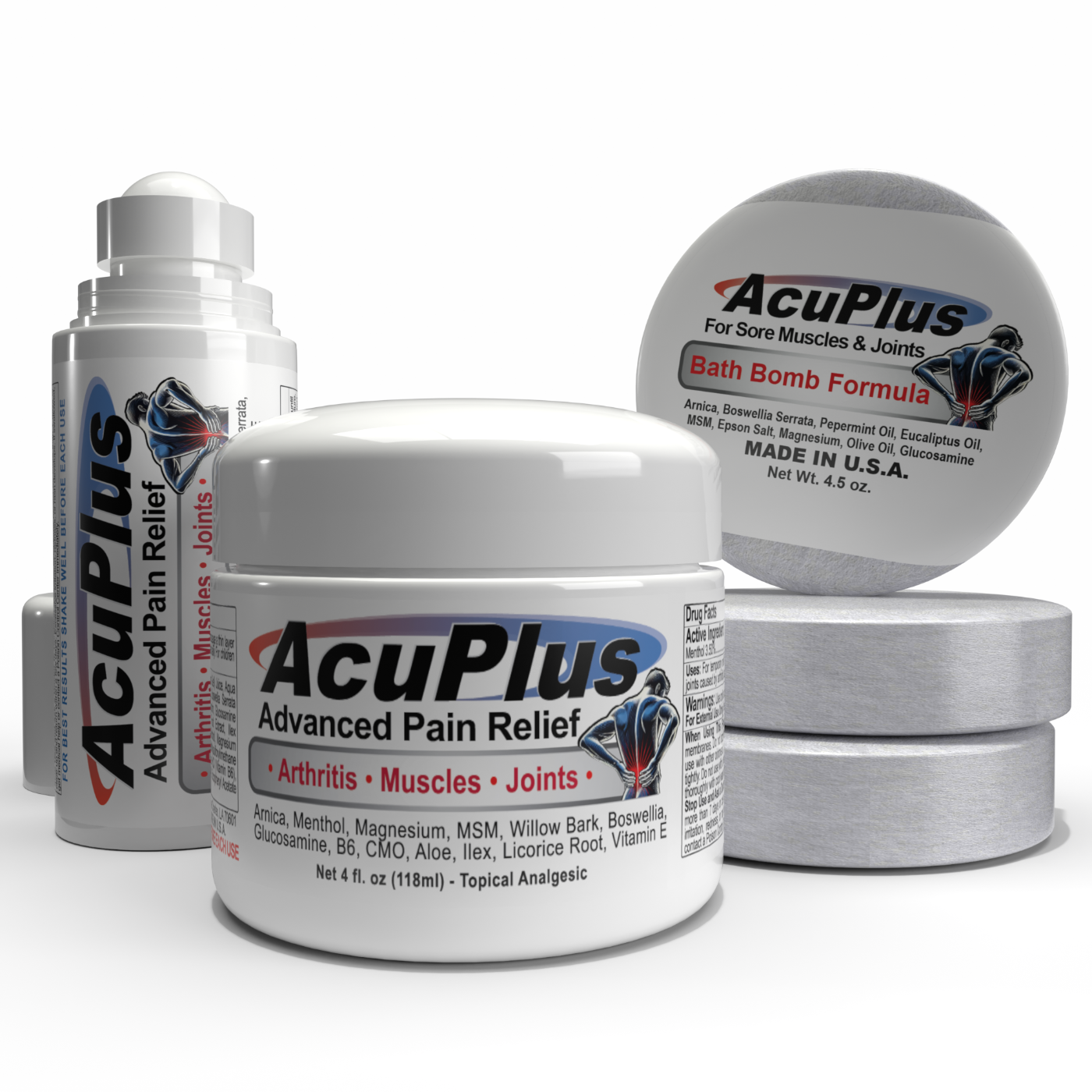 AcuPlus Ultimate Pain Relief Combo – 3 Bath Bombs + 3 oz. Roll-On + 4 oz. Jar