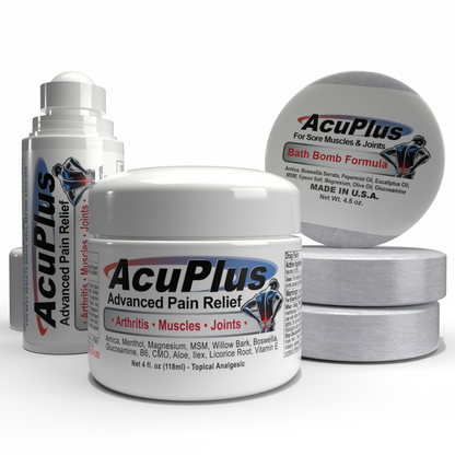 AcuPlus Ultimate Pain Relief Combo – 3 Bath Bombs + 3 oz. Roll-On + 4 oz. Jar