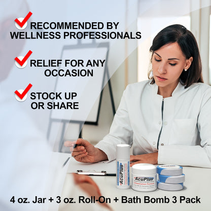 AcuPlus Ultimate Pain Relief Combo – 3 Bath Bombs + 3 oz. Roll-On + 4 oz. Jar