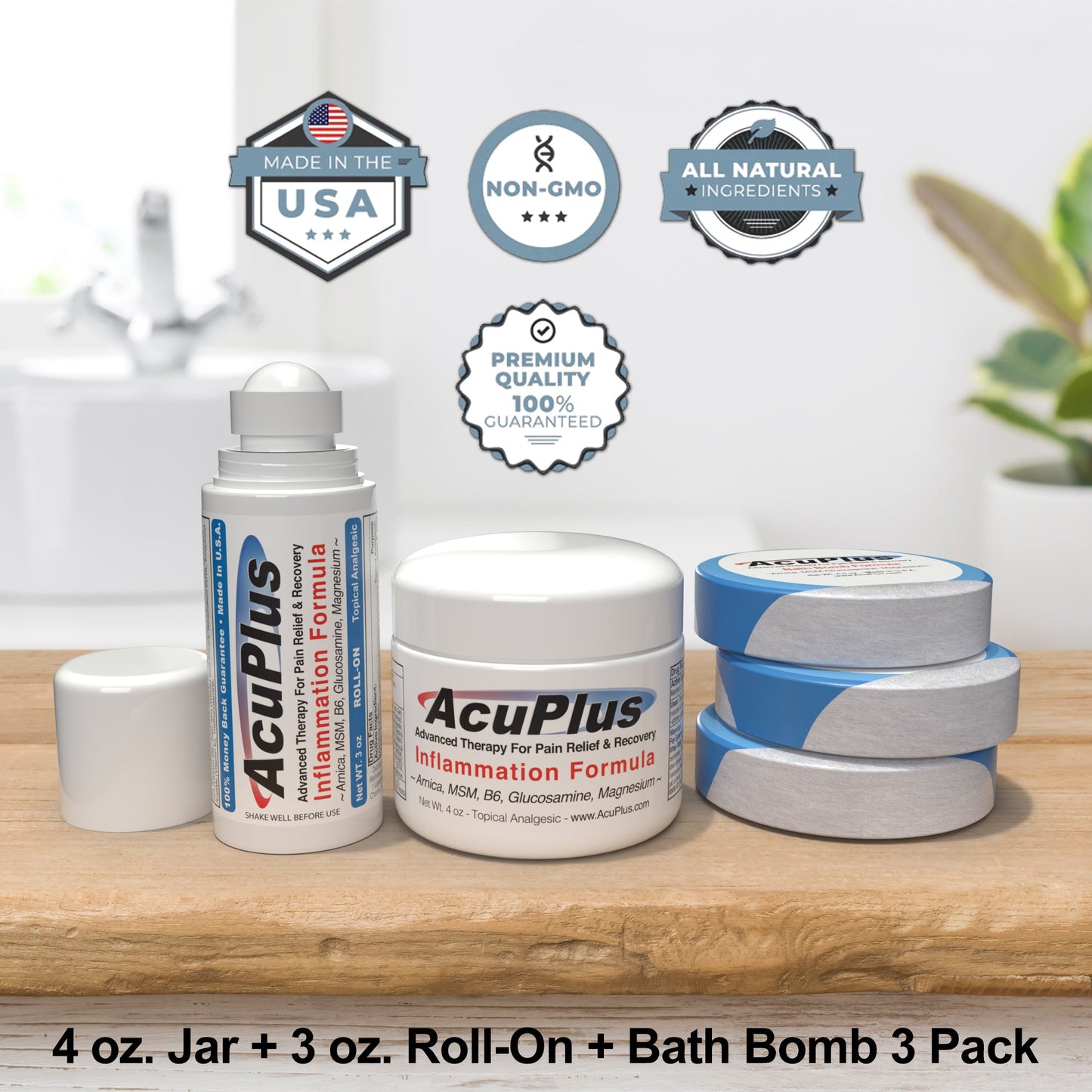 AcuPlus Ultimate Pain Relief Combo – 3 Bath Bombs + 3 oz. Roll-On + 4 oz. Jar